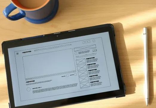 A tablet on a desk showing a greyscale website wireframe