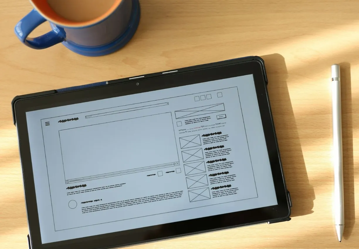 A tablet and stylus on a wooden desk displaying a greyscale website wireframe, next to a mug