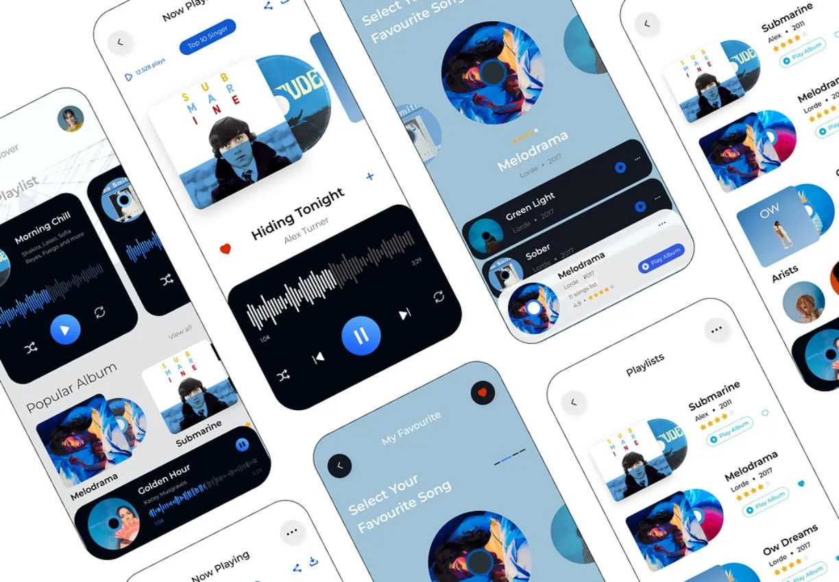 A tiled arrangement of mobile app screens in blue and white showing player and playlist views