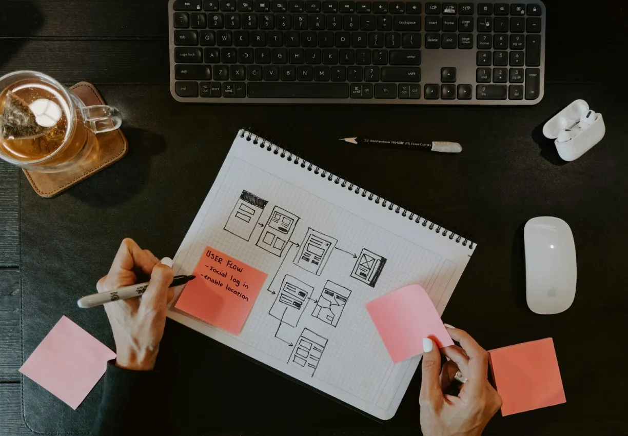 Hands drawing a user flow diagram on grid paper, surrounded by sticky notes and a keyboard