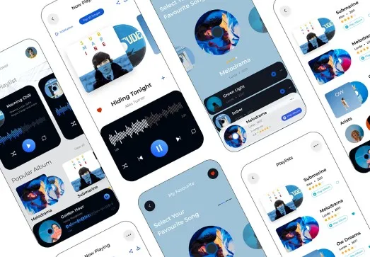 A grid of music-player app screens in blue and white