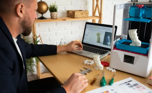 A team working through a project together at a shared desk